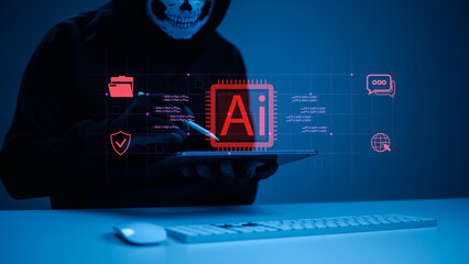 Masked hacker uses tablet with futuristic AI interface cyberattack. Concept represents cybersecurity threats, data breaches, artificial intelligence risks, online privacy invasion, network system