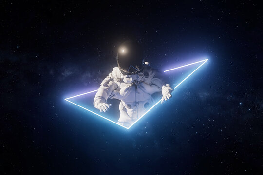 Fototapeta Astronaut enters glowing triangle portal in space 3D