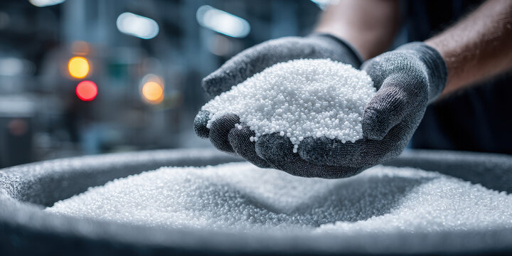 Close-up of factory worker hands in gloves holding a pile of white polypropylene granules (PP, PET chips semi dull 