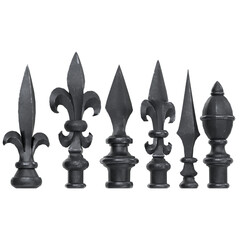 3D rendering illustration of a set of cast iron fence finials