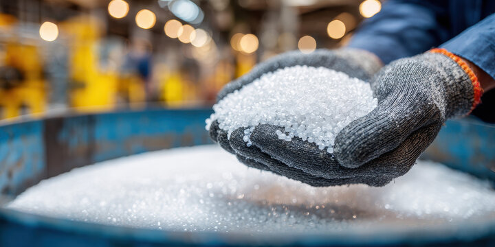 Close-up of factory worker hands in gloves holding a pile of white polypropylene granules (PP, PET chips semi dull 