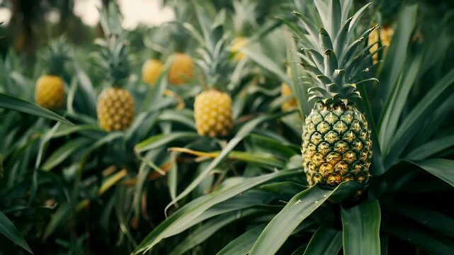 A closeup of a pineapple plant with green leaves and yellow fruits. The pineapple is in full bloom, with its leaves and fruits clearly visible. The background is blurred.