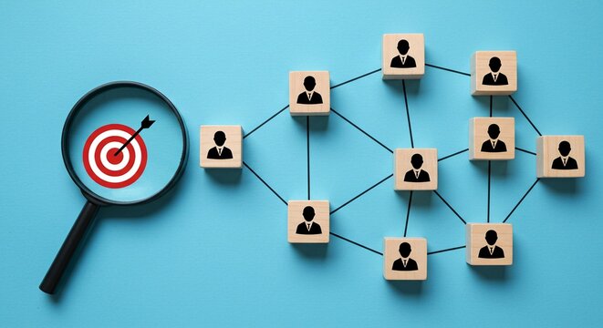 Targeted team building, focus on goals and employee connections, a magnifying glass highlights objectives.