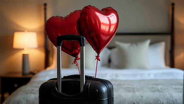 A black suitcase with red heart-shaped balloons, stylish hotel room for Valentine Day celebration - romantic getaways, couple holiday, february 14 promotion, anniversary, luxury travel concept 