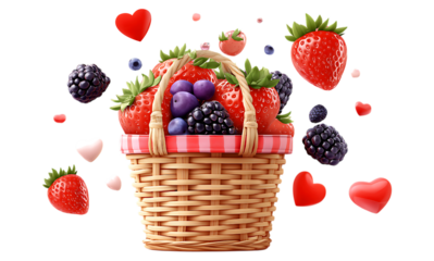 Love theme Fruit basket with flying berries and berries isolated on a transparent background
