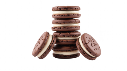Delicious chocolate cookies stacked high, featuring creamy filling, perfect for dessert lovers. Indulge in this sweet treat