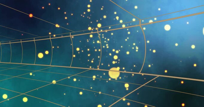 On loading golden orbs drifting and swarming through 3D wireframe corridor before receding
