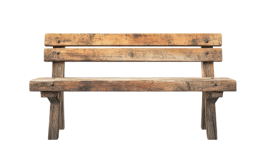 Rustic wooden park bench with weathered texture isolated on white background