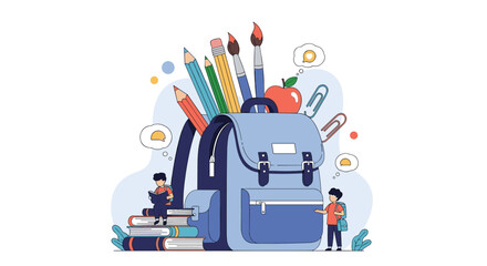 A blue backpack overflowing with school supplies including pencils pens brushes and an apple sits next to a stack of books where a boy reads