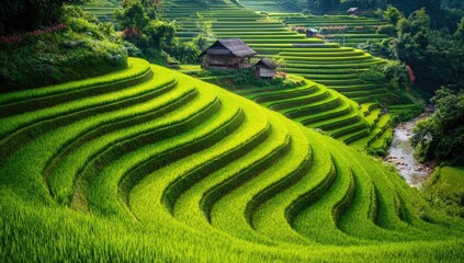 Lush green terraced rice paddies, curving gently downhill, with a small traditional house nestled in the midst, a small stream winding through the scene