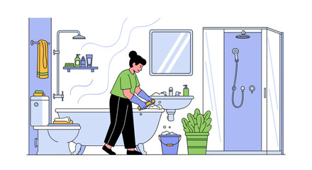 Woman diligently cleaning a modern bathroom sink with a sponge and soap wearing rubber gloves to maintain hygiene and tidiness
