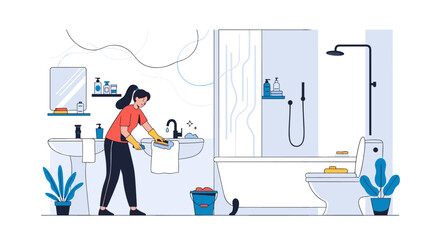 Woman cleaning a modern bathroom with soap dispenser toilet and shower area