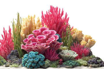 Vibrant coral reef scene.  Colorful corals and sea plants arranged in a dense cluster.  Various shades of pink,  red, yellow, and teal.  A sandy base supports the growth
