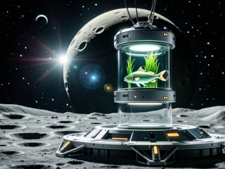 Fototapeta premium Futuristic Aquarium with Fish Displayed on Moon Landscape by Space