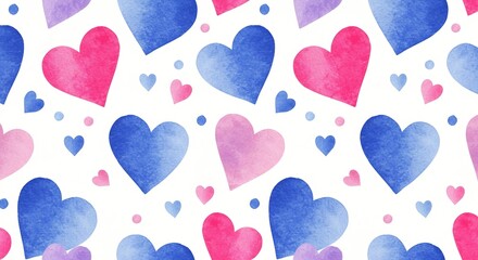 A whimsical pattern of colorful watercolor hearts in shades of pink, purple, and blue scattered on a white background, perfect for love.