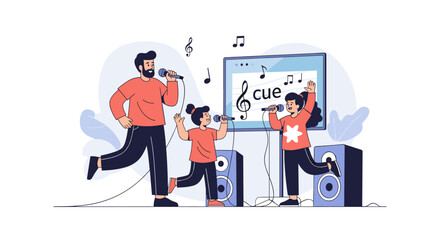 A father and his two daughters enjoying a fun karaoke session at home singing along to their favorite songs together