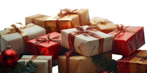 festive Christmas gifts, presents boxes white background in PNG format.