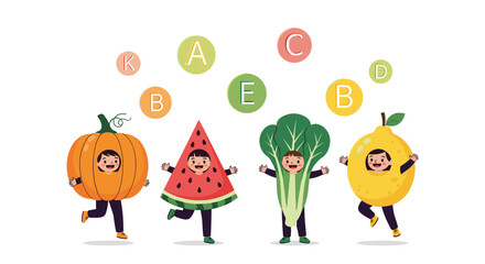 Vibrant healthy children in fruit and vegetable costumes celebrating nutrients essential for growth