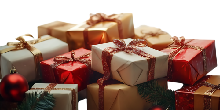 festive Christmas gifts, presents boxes white background in PNG format. - Powered by Adobe