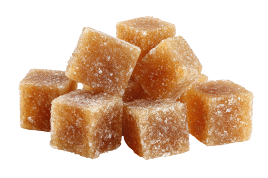 Pile of light amber-colored, square, hard candy cubes