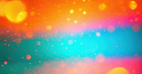 Vibrant abstract background. Colorful bokeh effects blend orange, pink, turquoise hues. Soft light creates dreamy atmosphere.