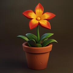 Naklejka premium A vibrant 3D cartoon flower in a terracotta pot, featuring bright orange petals and lush green leaves. Perfect for home decor, gardening, or children's products, adding a cheerful touch to any space.