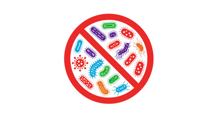 Illustration of various colorful microbes and bacteria contained within a red prohibition sign symbolizing the elimination of germs and microorganisms