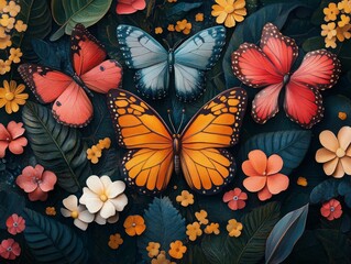 Vibrant Butterflies & Enchanting Flora: Colorful orange, blue, and red butterflies rest on lush, dark green leaves with various blossoms, creating a vivid, serene natural tableau.