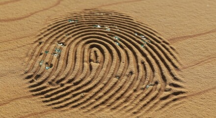 Macro photograph of a fingerprint impression etched into a sandy surface, adorned with tiny water droplets, revealing intricate details.