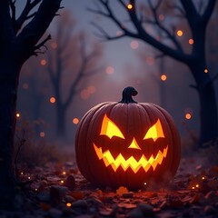 Obraz premium Halloween background with glowing pumpkins autumn leaves dark festive atmosphere