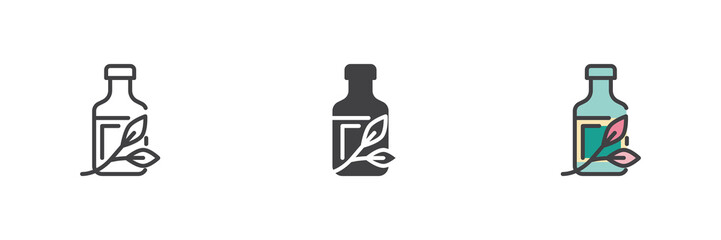 Medicine bottle with label icon set in line, solid and filled outline style
