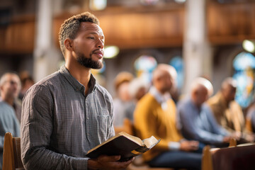 Young man attending church service holding a Bible