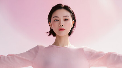 Stylish Asian Woman in Minimal Pink Outfit