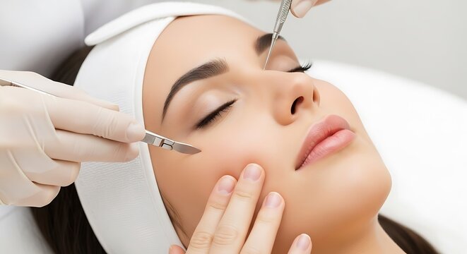 Woman receiving dermaplaning facial treatment with tools in a spa setting