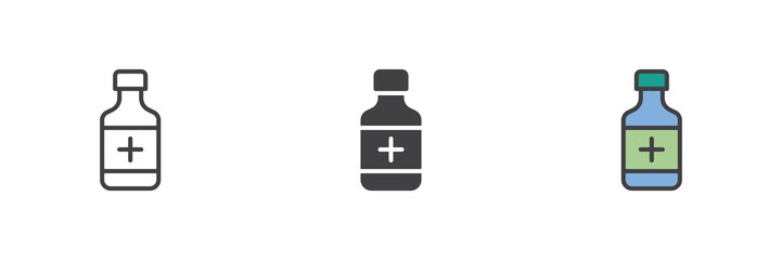 Bottle with plus sign icon set in line, solid and filled outline style