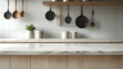 Modern Kitchen Marble Countertop Mockup: Clean, Minimalist, Bright, Empty Surface, Product Placement, Scandinavian Style