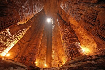Cave interior, towering columns, golden light