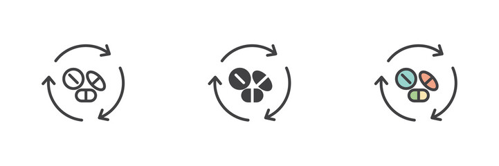Pill cycle icon set in line, solid and filled outline style