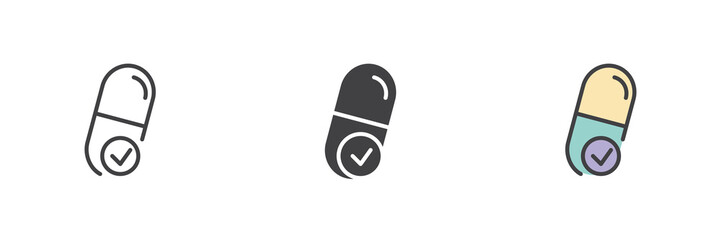 Capsule with check mark icon set in line, solid and filled outline style