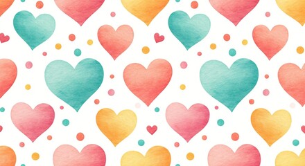 Watercolor hearts and dots of various colors form a vibrant, repeating pattern against a white background. Festive background for cards, scrapbooks.
