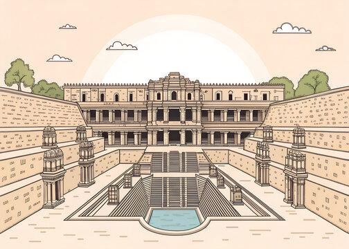 Rani Ki Vav  Minimalist   illustration generative ai