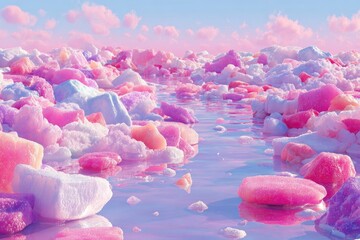 Pastel-colored ice floes on a tranquil, pink-toned body of water, under a soft sky