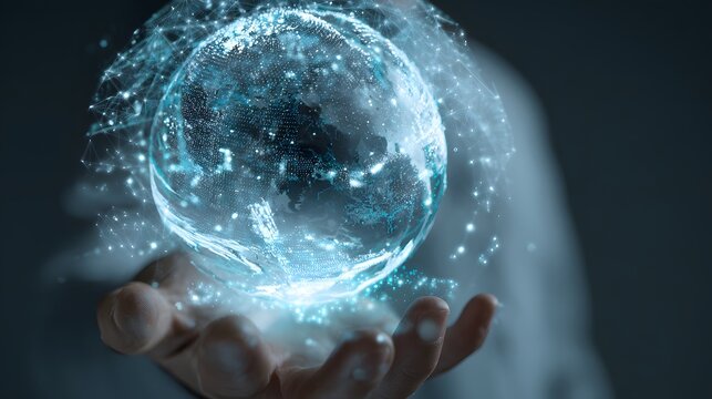 Holographic digital twin model floating inside a glowing globe sphere controlled by a businessman using responsive smart foam gestures