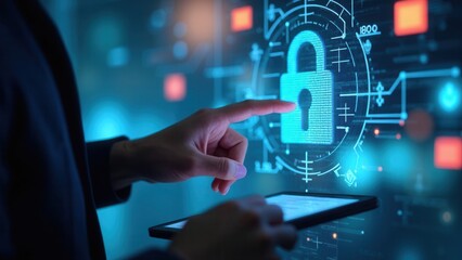 Cybersecurity and Data Protection Concept. A person interact with secure login interface on device, cyber security, data protection, digital identity, screen padlock, and system security.