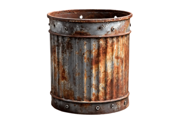 Damaged galvanized garbage canister on transparent background
