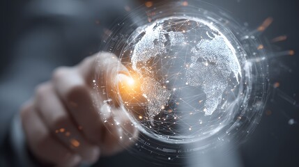 Rotating glowing globe sphere with digital network overlays surrounded by high-tech interfaces and a businessman interacting via smart foam
