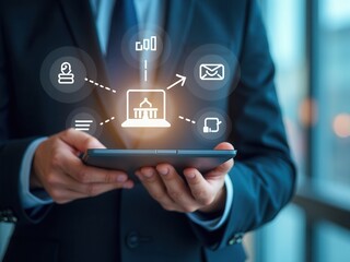 Digital government and e-governance concept. Business professional using laptop with digital government icons, representing e-governance, online public services, and technology-driven innovations.