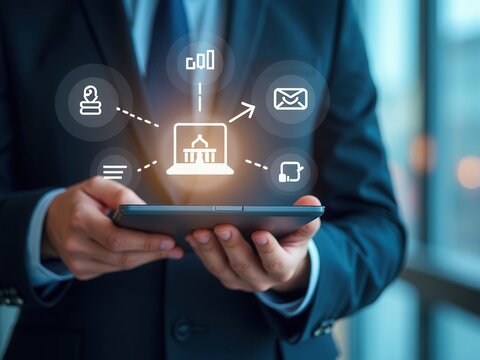 Digital government and e-governance concept. Business professional using laptop with digital government icons, representing e-governance, online public services, and technology-driven innovations.