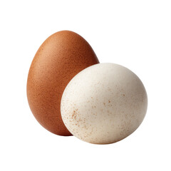 Two eggs, one brown, one speckled white, side-by-side