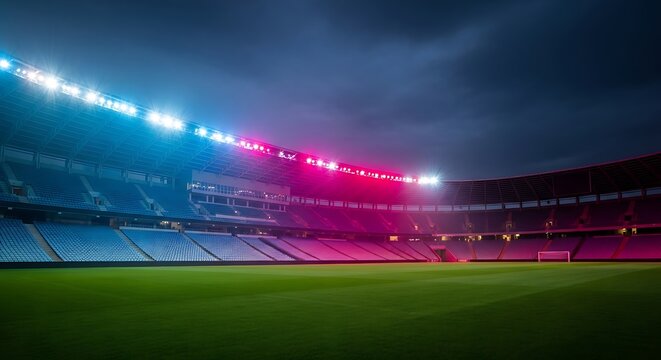 An empty professional sports stadium at night, with vibrant blue and pink lights illuminating the seats and green field.